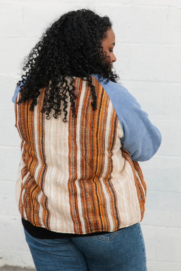 burnt orange striped bomber jacket, with blue corduroy sleeves, upcycled jacket, handmade in canada