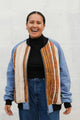 burnt orange striped bomber jacket, with blue corduroy sleeves, upcycled jacket, handmade in canada