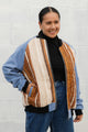 burnt orange striped bomber jacket, with blue corduroy sleeves, upcycled jacket, handmade in canada