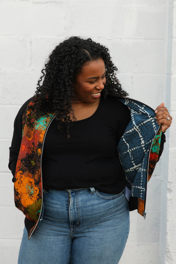 upcycled scrap fabirc, fall floral bomber jacket, handmade in Canada, chic fall accessory