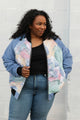 pastel abstract bomber jacket, upcycled clothing, blue corduroy sleeves, eco conscious clothing, handmade in canada