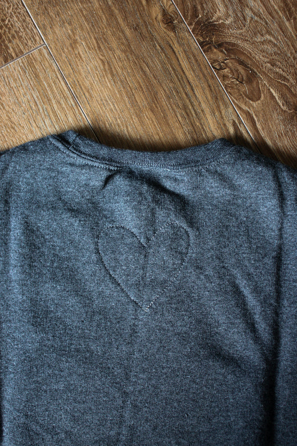 mini tipi fabric, upcycling, heart sweater, inspired by honey, handsewn in canada, mustard heart, charcoal sweater