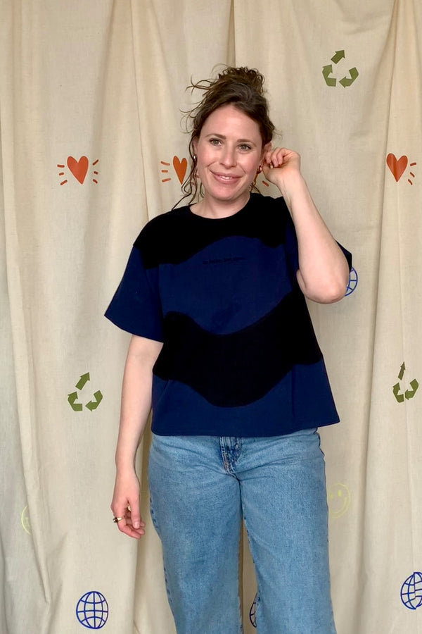 upcycled black and navy tshirt with wavy design, repurposed in canada