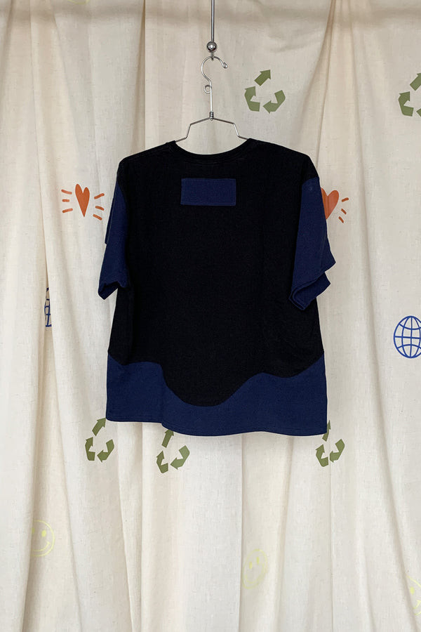 upcycled black and navy tshirt with wavy design, repurposed in canada