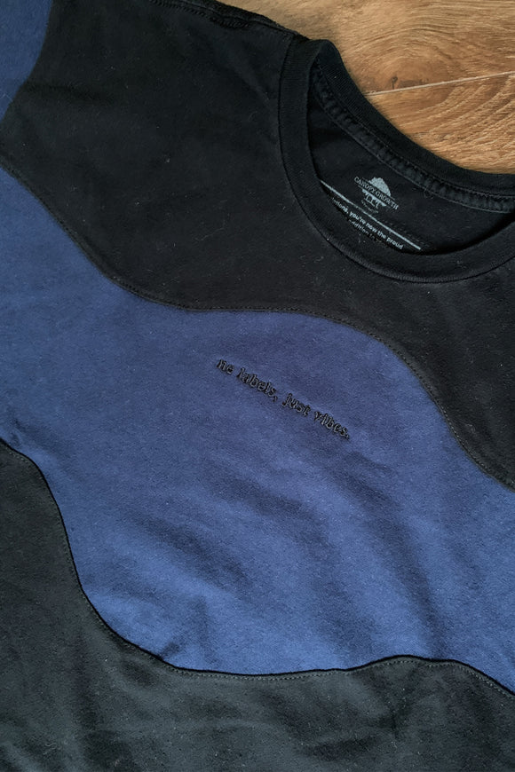 upcycled black and navy tshirt with wavy design, repurposed in canada
