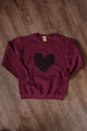 maroon sweater with black lace heart, valentine's day sweater, eco-conscious, upcycled, made in canada