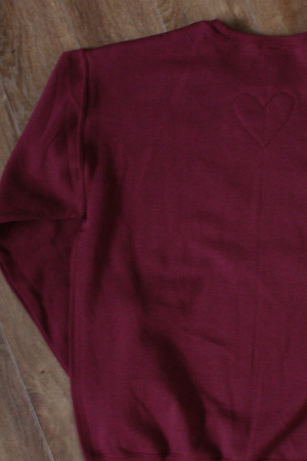 maroon sweater with black lace heart, valentine's day sweater, eco-conscious, upcycled, made in canada
