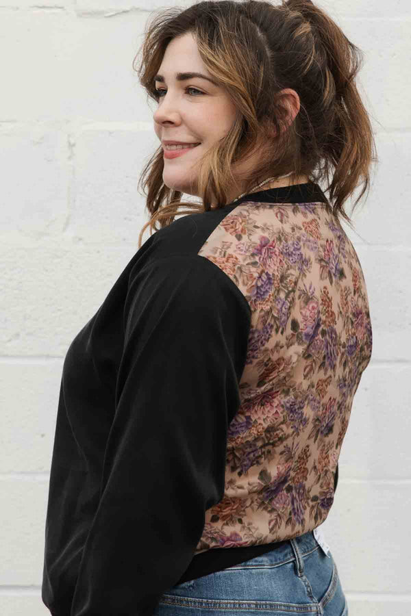 v-neck shirt with long sleeves and pockets featuring a silky floral back detail, handmade in canada
