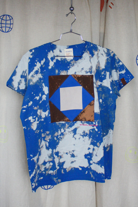 blue bleached tee with quilted applique, upcycled clothing, thrifted fashion, no labels, just vibes