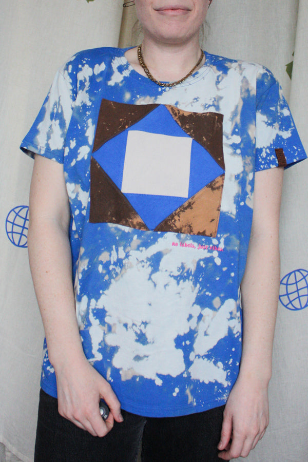 blue bleached tee with quilted applique, upcycled clothing, thrifted fashion, no labels, just vibes