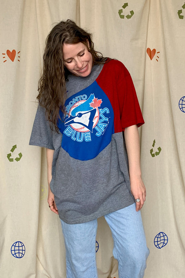 upcycled blue jays tee featuring grey, blue and red, repurposed in canada