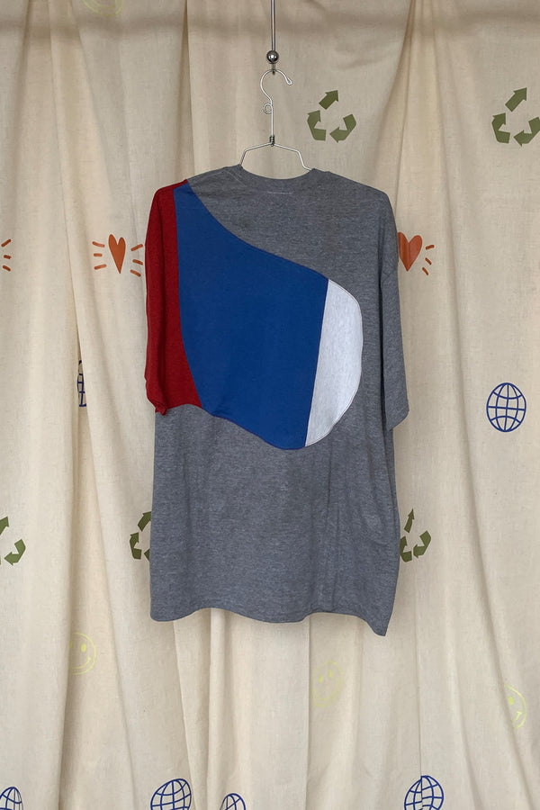 upcycled blue jays tee featuring grey, blue and red, repurposed in canada