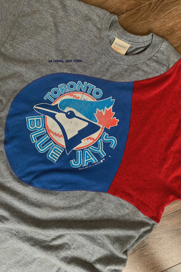 upcycled blue jays tee featuring grey, blue and red, repurposed in canada