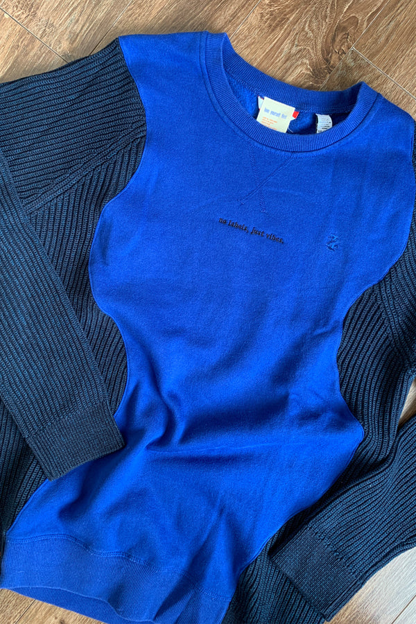 blue knit sweater sewn with blue sweater, repurposed secondhand clothing, circular fashion