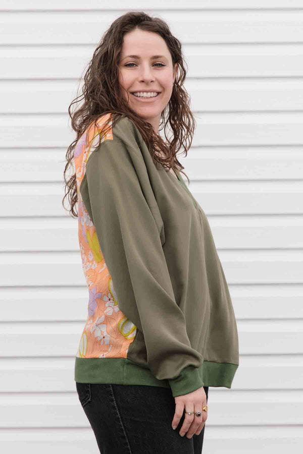 vneck blouse with pockets, upcycled fabric feature in the back