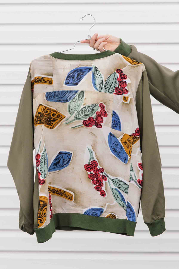 vneck blouse with pockets, upcycled fabric feature in the back