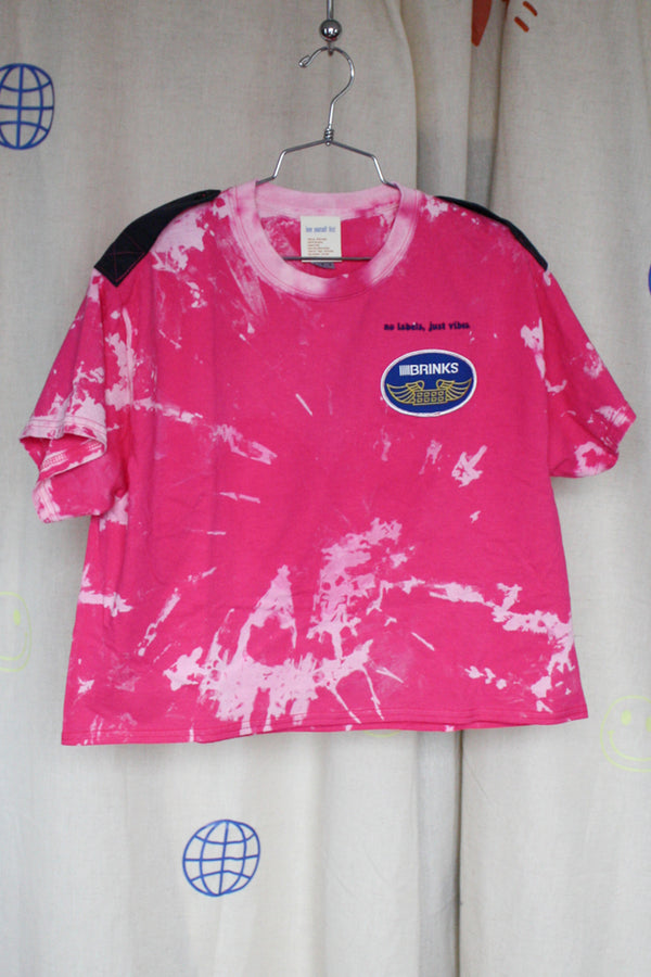 hot pink bleached out tee, brinks patch, epaulets, upcycled clothing, thrifted fashion, no labels, just vibes