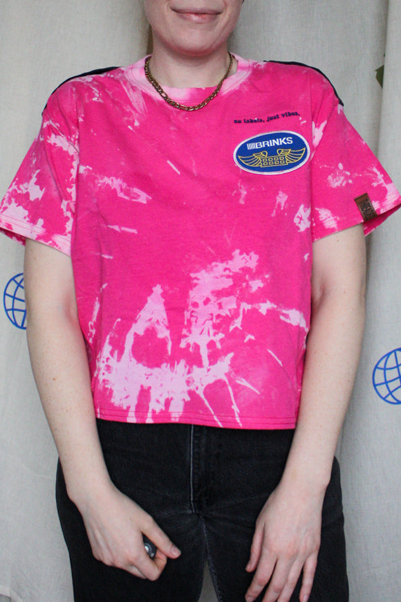 hot pink bleached out tee, brinks patch, epaulets, upcycled clothing, thrifted fashion, no labels, just vibes