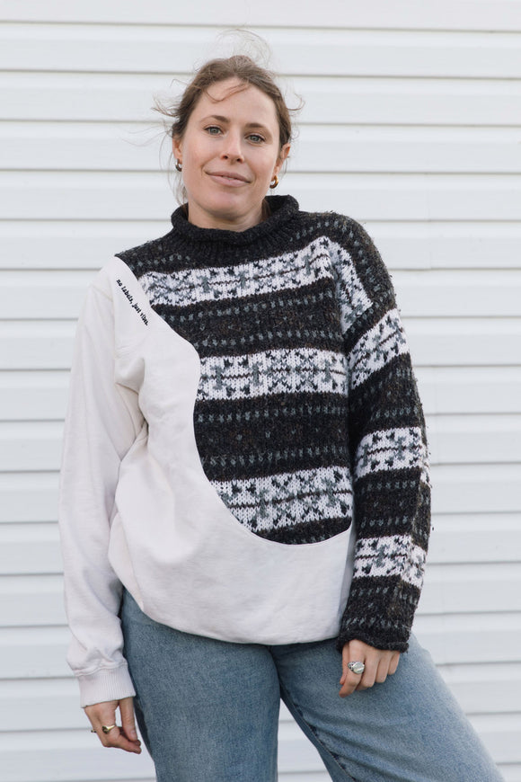 white and brown winter patterned sweater, half and half design, upcycled in canada
