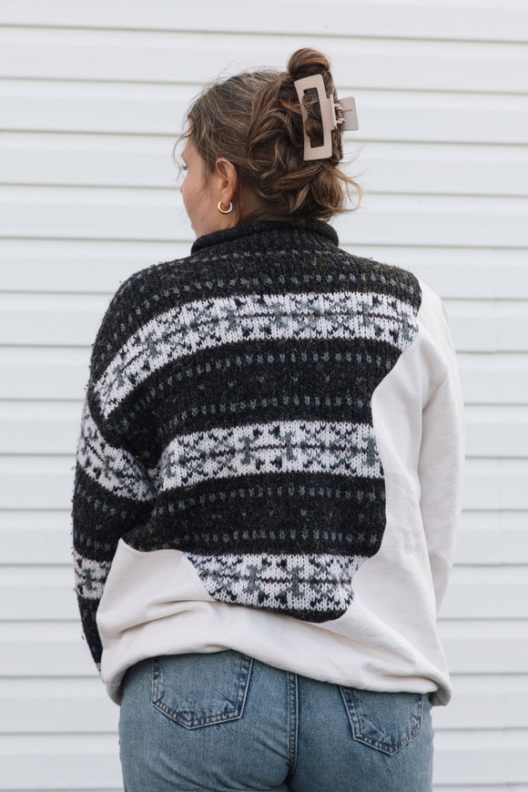white and brown winter patterned sweater, half and half design, upcycled in canada