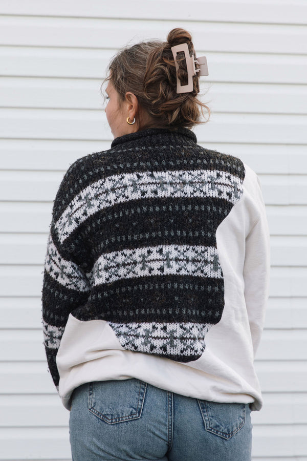 white and brown winter patterned sweater, half and half design, upcycled in canada