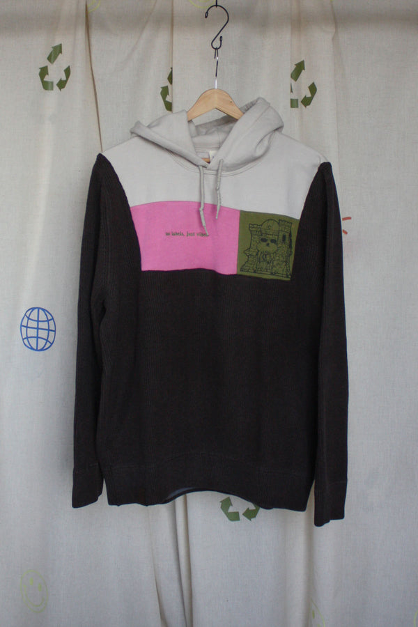 cream hoodie with brown knit and pink and green patches, upcycled in canada