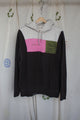 cream hoodie with brown knit and pink and green patches, upcycled in canada