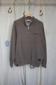 brown upcycled half zip sweater, embroidered with our motto 'no labels, just vibes.'