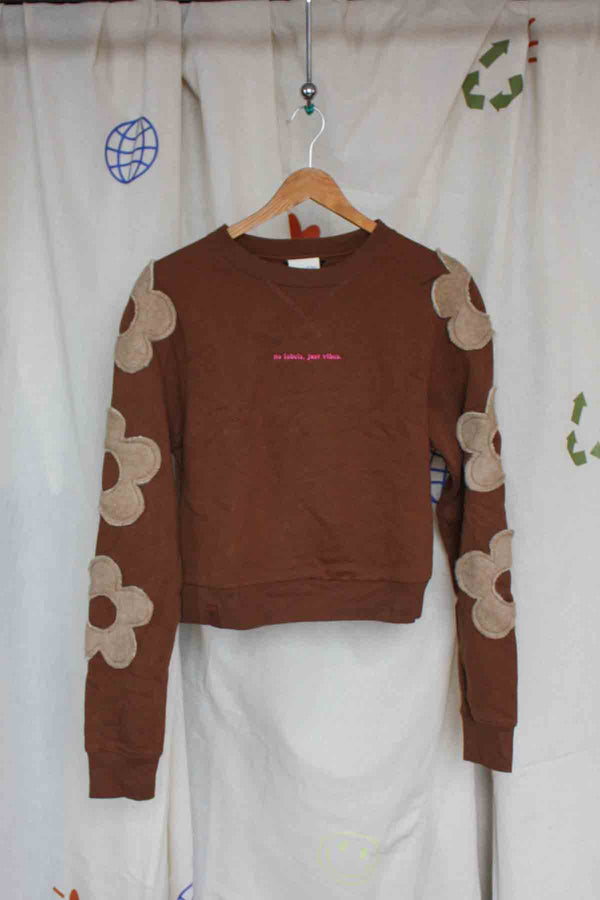 brown crop top with flowers on sleeve, upcycled clothing