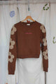 brown crop top with flowers on sleeve, upcycled clothing