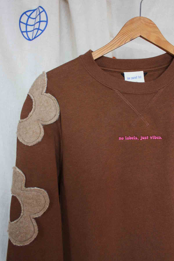 brown crop top with flowers on sleeve, upcycled clothing