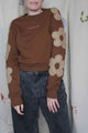 brown crop top with flowers on sleeve, upcycled clothing