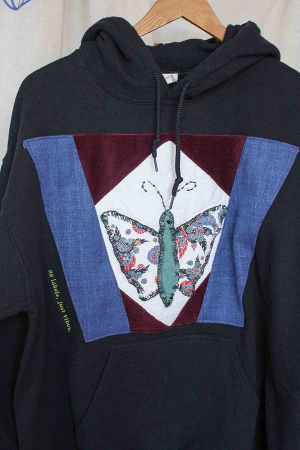 butterfly black hoodie, quilted detail, upcycled fashion