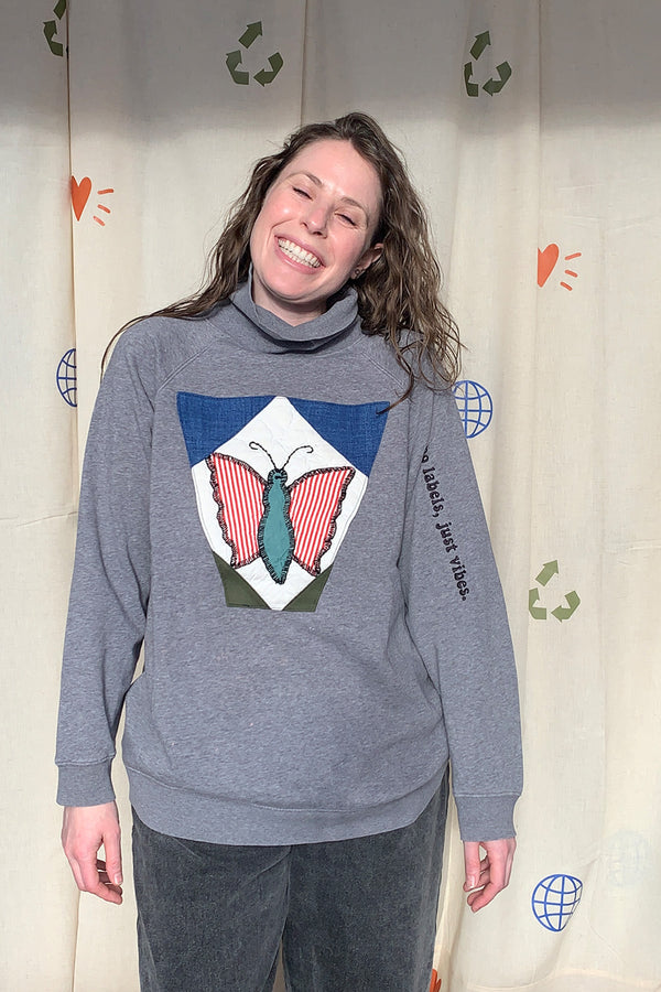 grey turtleneck with stunning quilted butterfly, repurposed and upcycled in caanda