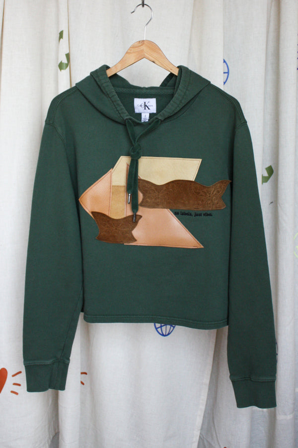 green hoodie, faux leather motif, butterfly images, one of a kind, embroidered with no labels just vibes