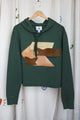 green hoodie, faux leather motif, butterfly images, one of a kind, embroidered with no labels just vibes
