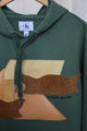 green hoodie, faux leather motif, butterfly images, one of a kind, embroidered with no labels just vibes