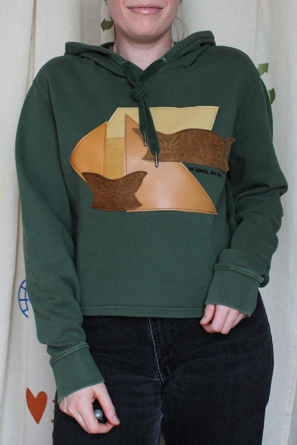 green hoodie, faux leather motif, butterfly images, one of a kind, embroidered with no labels just vibes