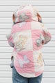 pink and white butterfly quilt turned poncho, featuring oversized hood, pockets and pretty purple buttons, repurposed in canada
