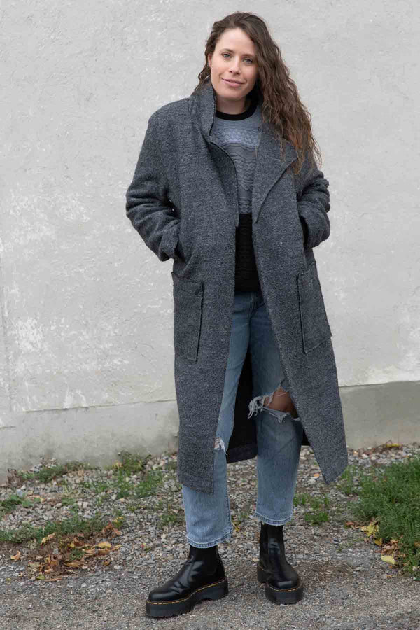 charcoal grey wool long coat, collared, pockets, long sleeve fall jacket made in Canada