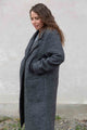 charcoal grey wool long coat, collared, pockets, long sleeve fall jacket made in Canada