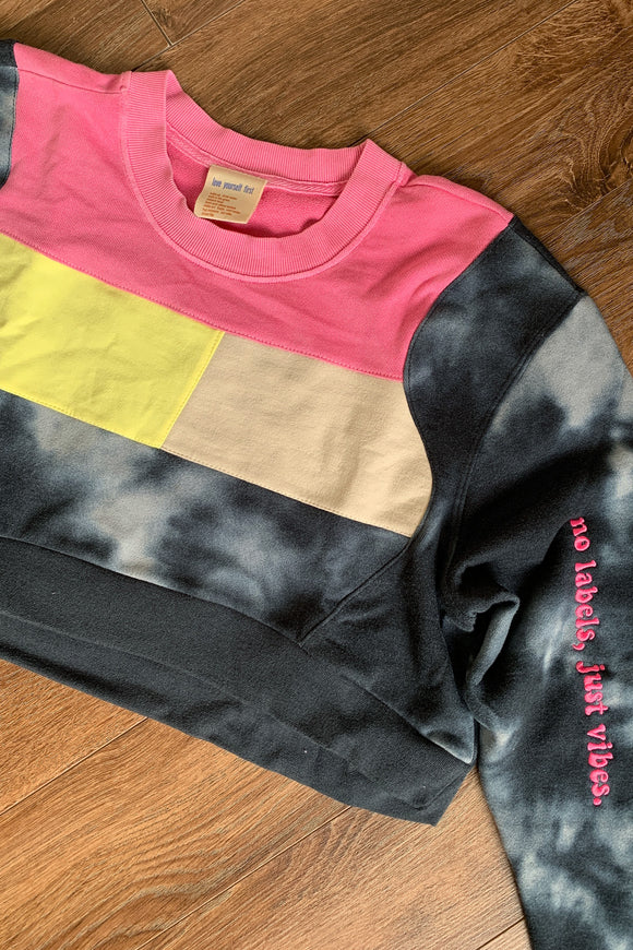 pink, yellow and tie dyed upcycled crop top, repurposed in canada