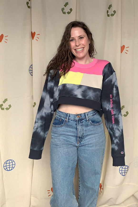 pink, yellow and tie dyed upcycled crop top, repurposed in canada