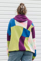 patchwork hoodie featuring blue, purple, lime green and tie dye