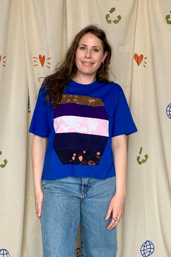 upcycled blue tee with pops of pink, purple, navy and brown, repurposed in canada
