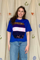 upcycled blue tee with pops of pink, purple, navy and brown, repurposed in canada