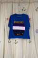 upcycled blue tee with pops of pink, purple, navy and brown, repurposed in canada