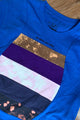 upcycled blue tee with pops of pink, purple, navy and brown, repurposed in canada