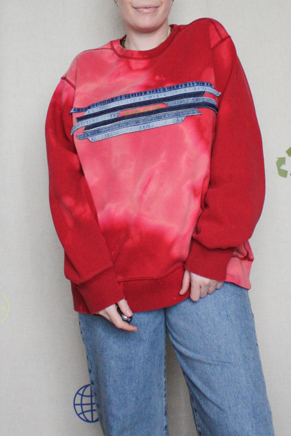red bleached sweater with denim detail along chest repurposed in canada