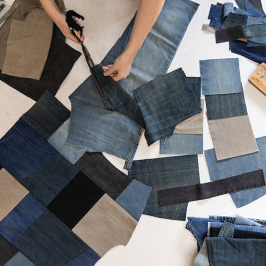 upcycled jeans turned into a patchwork denim jacket